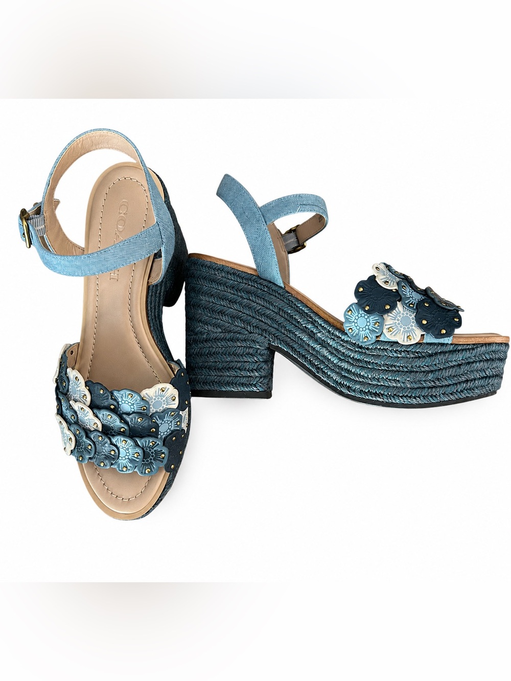 Coach Sz 8.5 Blue Floral Appliqué Platform Sandals
